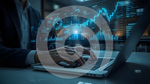 Business Professional Working with Holographic Digital Interface and Data Analytics