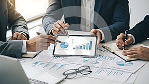 Business professionals analyzing data on a tablet in a meeting