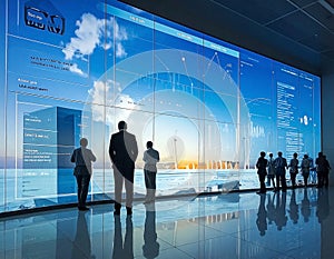 Business professionals analyzing data visualizations on a large interactive screen