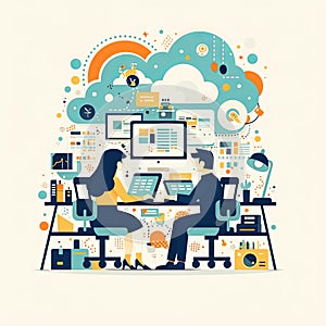 Business professionals collaborating at cloud-based workspace with data-driven tools
