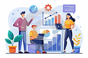 Business professionals collaborating on strategy development with graphs and data analysis in a modern office setting