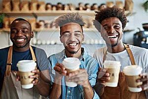 Business professionals enjoying a coffee break and bonding in a sleek and modern office environment