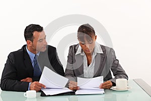 Business professionals reviewing reports