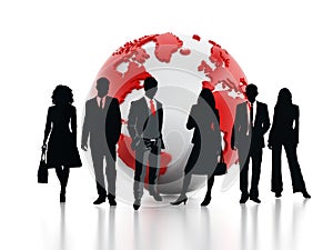 Business professionals standing in front of the globe. 3D illustration