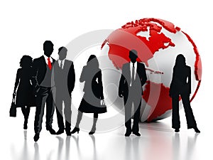 Business professionals standing in front of the globe. 3D illustration