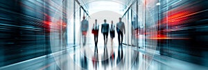 Business professionals walking through a modern data corridor