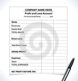 Business profit and loss analysis report, accountancy sheet