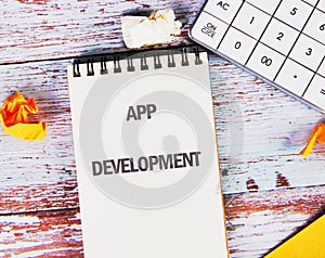 Business, programming, interface, application and network concept. Text APP DEVELOPMENT in a notebook against the