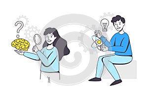 Business Project with Man and Woman Character with Brain and Lightbulb Working with Startup Outline Vector Set