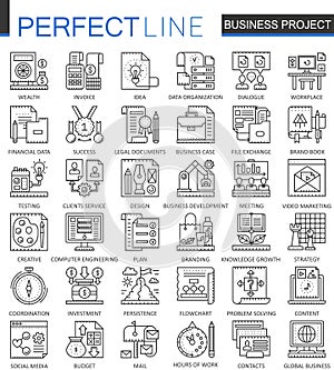 Business project outline concept symbols. Strategy management perfect thin line icons. Modern stroke linear style