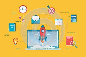 10Business project startup, financial planning, idea development process, strategy, management, realization, success Rocket launch