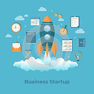 Business project Startup Financial planning Idea strategy Management Realization and Success. Rocket launch with business plan