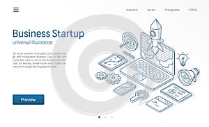 Business project startup modern isometric line illustration. Laptop rocket launch drawn sketch icon. Innovation, success