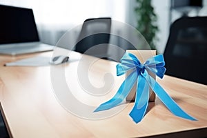 business proposal with a blue ribbon on a desk