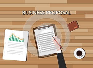 Business proposal document with clipboard graph and wood background