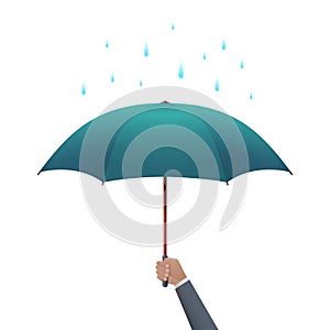 Business protection concept. Businessman hand holding umbrella under dripping rain