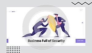 Business Protection, Onslaught and Confrontation Website Landing Page. Businessman Trying to Overcome Resistance