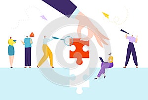 Business puzzle solution, final piece for success jigsaw concept vector illustration. People woman man character connect