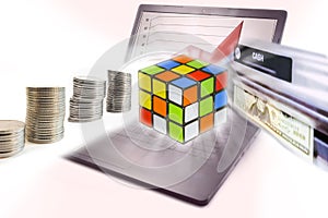 Business Puzzle Sulution Through Laptop,Computer,Internet,Atm.