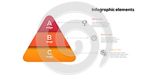 Business pyramid chart infographics with 3 steps. Pyramidal stages graph elements. Company hiararchy levels presentation template