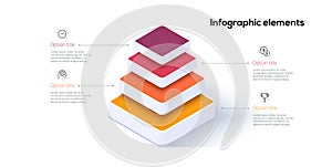 Business pyramid chart infographics with 4 steps. Pyramidal stages graph elements. Company hiararchy levels presentation template