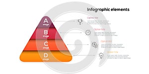 Business pyramid chart infographics with 4 steps. Pyramidal stages graph elements. Company hiararchy levels presentation template