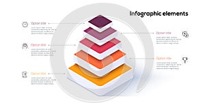 Business pyramid chart infographics with 5 steps. Pyramidal stages graph elements. Company hiararchy levels presentation template