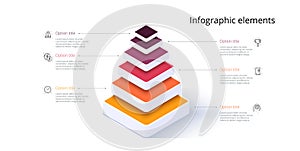 Business pyramid chart infographics with 6 steps. Pyramidal stages graph elements. Company hiararchy levels presentation template