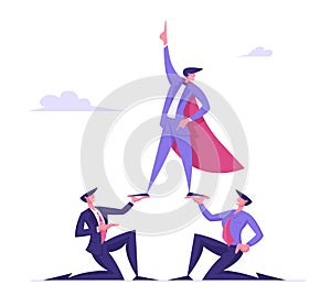 Business Pyramid Concept. Successful Manager or Businessman Wearing Super Hero Cloak Stand on Top