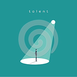 Business recruitment or hiring vector concept. Businessman standing in spotlight or searchlight as symbol of unique