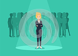 Business recruitment or hiring vector concept. Looking for talent. Businesswoman standing in spotlight or searchligh