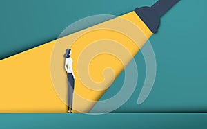 Business recruitment and talent headhunting vector concept in modern 3d paper cutout style. Businesswoman in spotlight