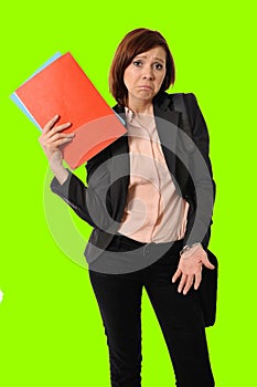 Business red hair woman or student in stress thinking worried while carrying a portfolio in green croma key