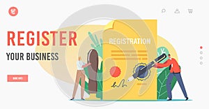 Business Registration Landing Page Template. Tiny Characters with Huge Quill Pen and Seal Stamp Signing Paper Document