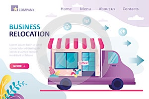 Business relocation, landing page template. The store building is on truck. Lorry transports the shop to another location or