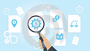 Business report, cash flow file, document research vector illustrationDocument with search icons. File and magnifying glass.