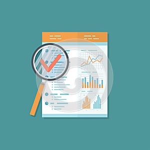 Business report, document with magnifying glass. Audit result. icon. Charts graphs on a paper.