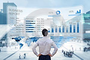 Business report with metrics, performance indicators and charts summarizing sales and profit data compared to targets and market photo