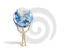 Wooden figure mannequin carrying planet earth globe over head.