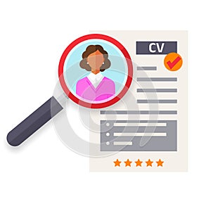 Business resume, job interview, personal data form with magnifier and avatar, employee candidate