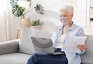 Business for Retirees. Senior Woman Working With Laptop And Documents At Home