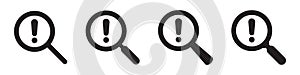 Business Risk Analysis symbol with magnifying glass icon and exclamation mark. Magnifying glass icon and alert, error, alarm, dang