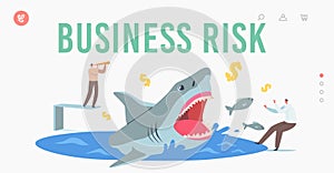 Business Risk Landing Page Template. Businessman with Spyglass Look on Huge Dangerous Shark, Professional Entrepreneurs