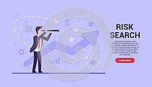 Business risk search concept. Vector flat businessman stands and looks through the spyglass and looks for risks and benefits in