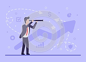 Business risk search concept. Vector flat businessman stands and looks through the spyglass and looks for risks and benefits in