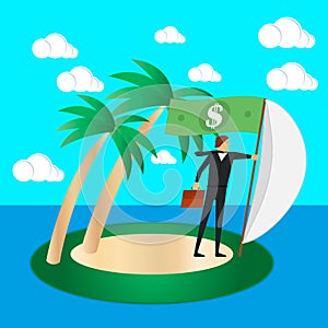 Business risk and survival concept. Businessman on a tropical island fly a sail and a dollar flag. Vector illustration.