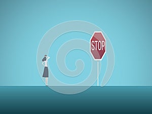 Business risk vector concept. Businessman and warning stop sign. Symbol of danger, failure, bankruptcy, recession and