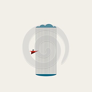 Business risk vector concept. Woman flying paper plane into rain. Symbol of courage, leadership. Minimal illustration