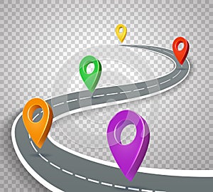 Business roadmap 3d pointers on transparent background. Abstract road with pins vector illustration