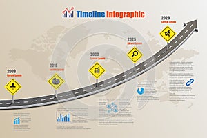 Business roadmap timeline infographic template with road sign